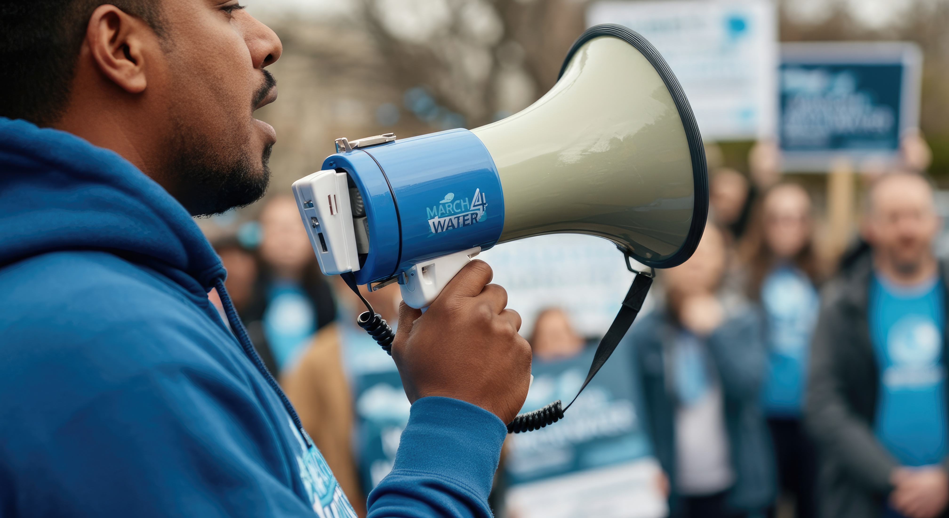 a man holding a megaphone in front of face that has the word 'March 4 water' printed on it