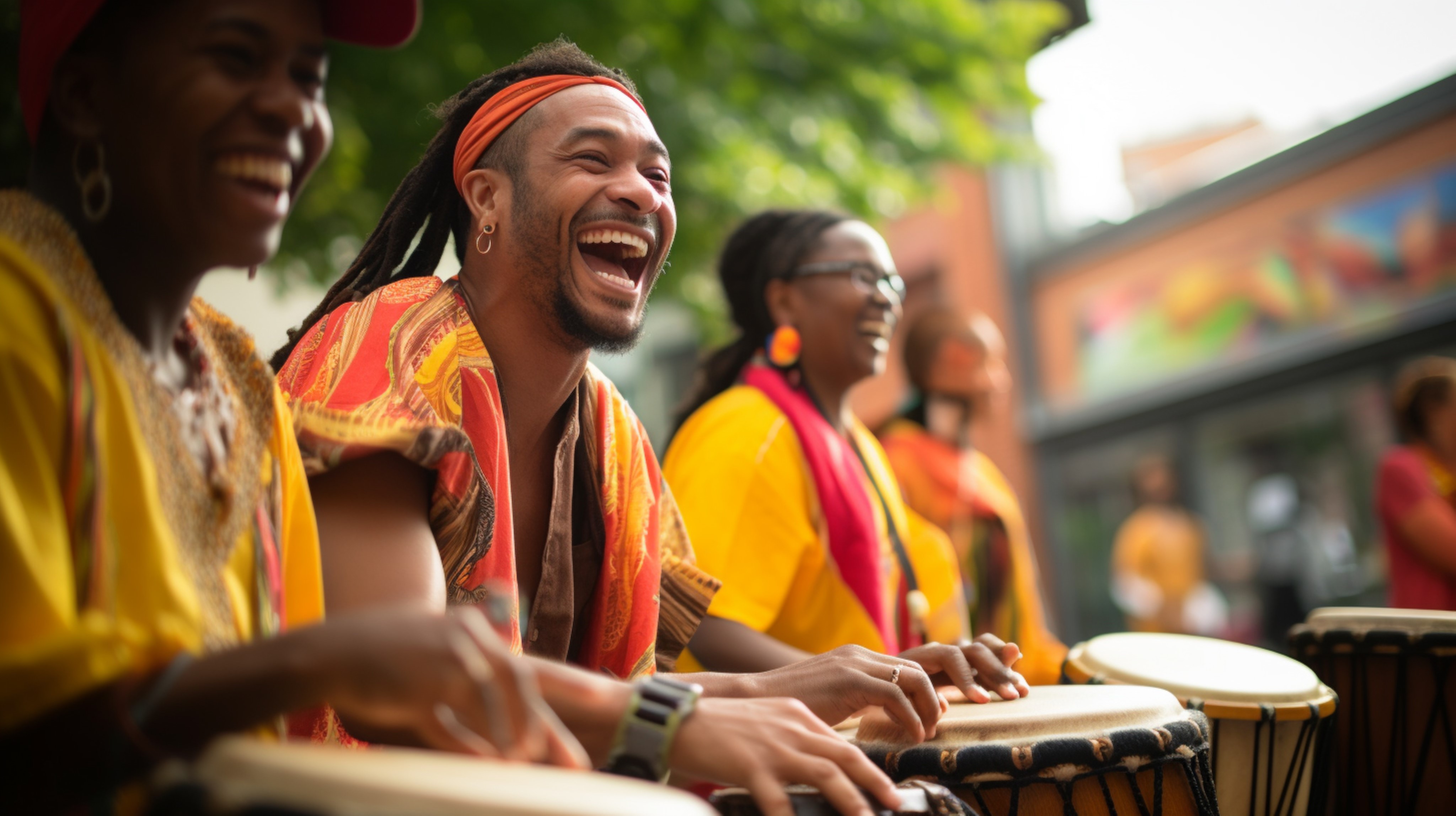 a group of musicians smiling while in the middle of playing
